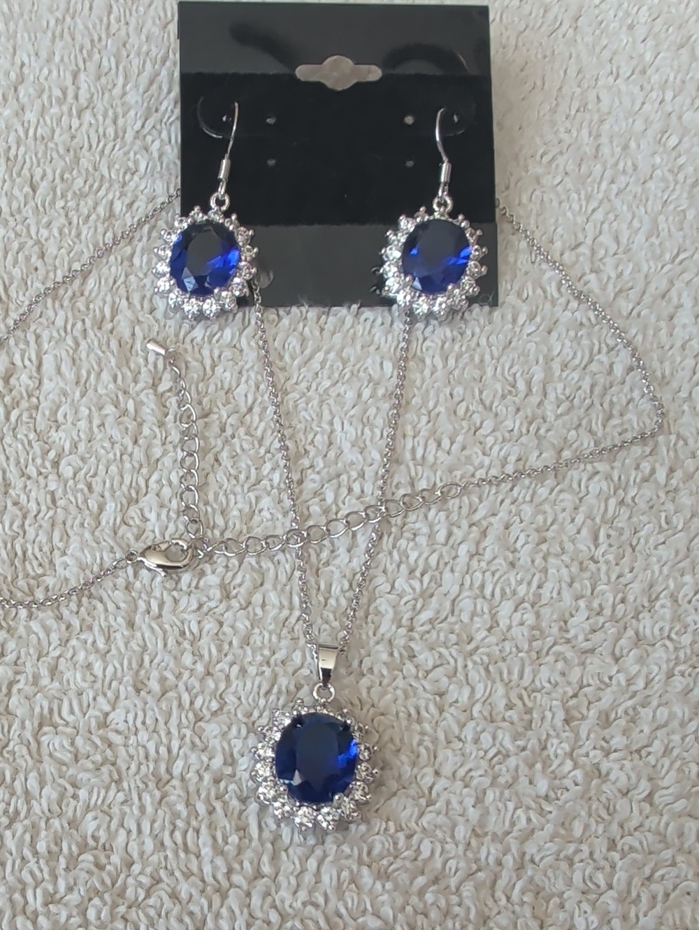 Silver Necklace and Earring Set with Deep Blue Crystal